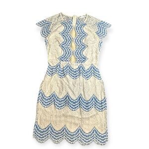BRIGITTE BAILEY Women’s Ivory & Blue Lace Overlay Scalloped Sheath Dress Size Sm